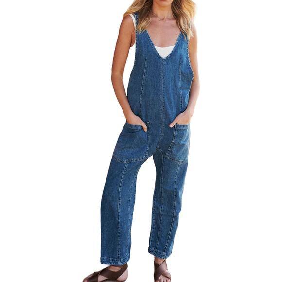Denim Blue V Neck Adjustable Strap Deep Pocket Baggy Overalls Large - Picture 1 of 9